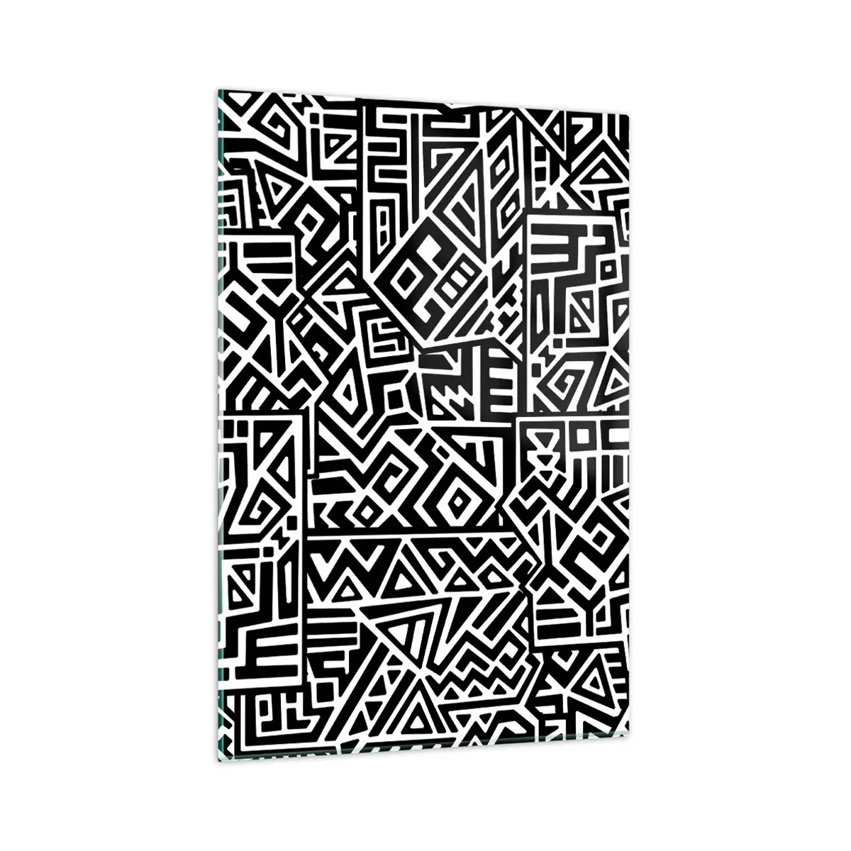 Cuadro sobre vidrio - Impresiones sobre Vidrio - Patrones geométricos en blanco y negro inspirados en la cultura precolombina. - 80x120cm - Composición precolombina - Decoración de pared moderna para salón y dormitorio ARTTOR