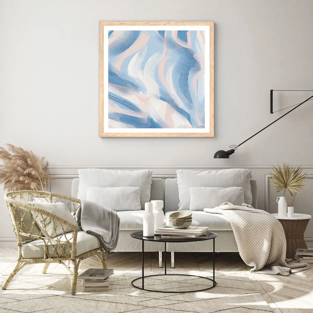 Póster en marco roble claro - Ondas azules - 40x40 cm