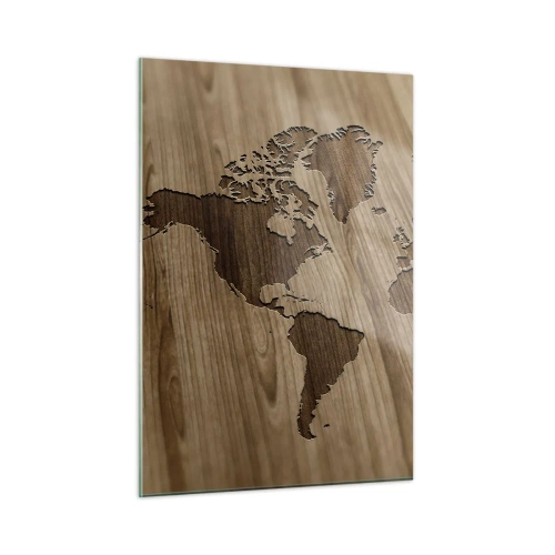 Cuadro sobre vidrio - Impresiones sobre Vidrio - Un mapa del mundo cortado en una superficie de madera. - 50x70cm - El mundo servido en la mesa - Decoración de pared moderna para salón y dormitorio ARTTOR