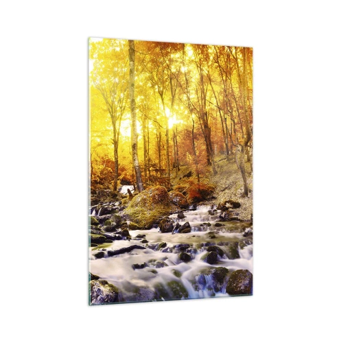 Cuadro sobre vidrio - Impresiones sobre Vidrio - Bosque otoñal con un arroyo entre hojas doradas - 70x100cm - Piedras bañadas en oro y platino - Decoración de pared moderna para salón y dormitorio ARTTOR