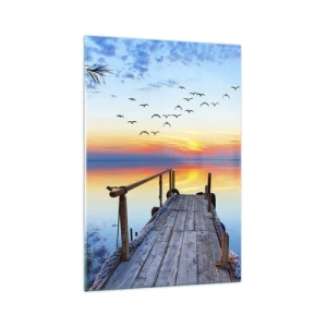 Cuadro sobre vidrio - Impresiones sobre Vidrio - Muelle de madera sobre el lago al atardecer - 70x100cm - Es hora de volver... - Decoración de pared moderna para salón y dormitorio ARTTOR