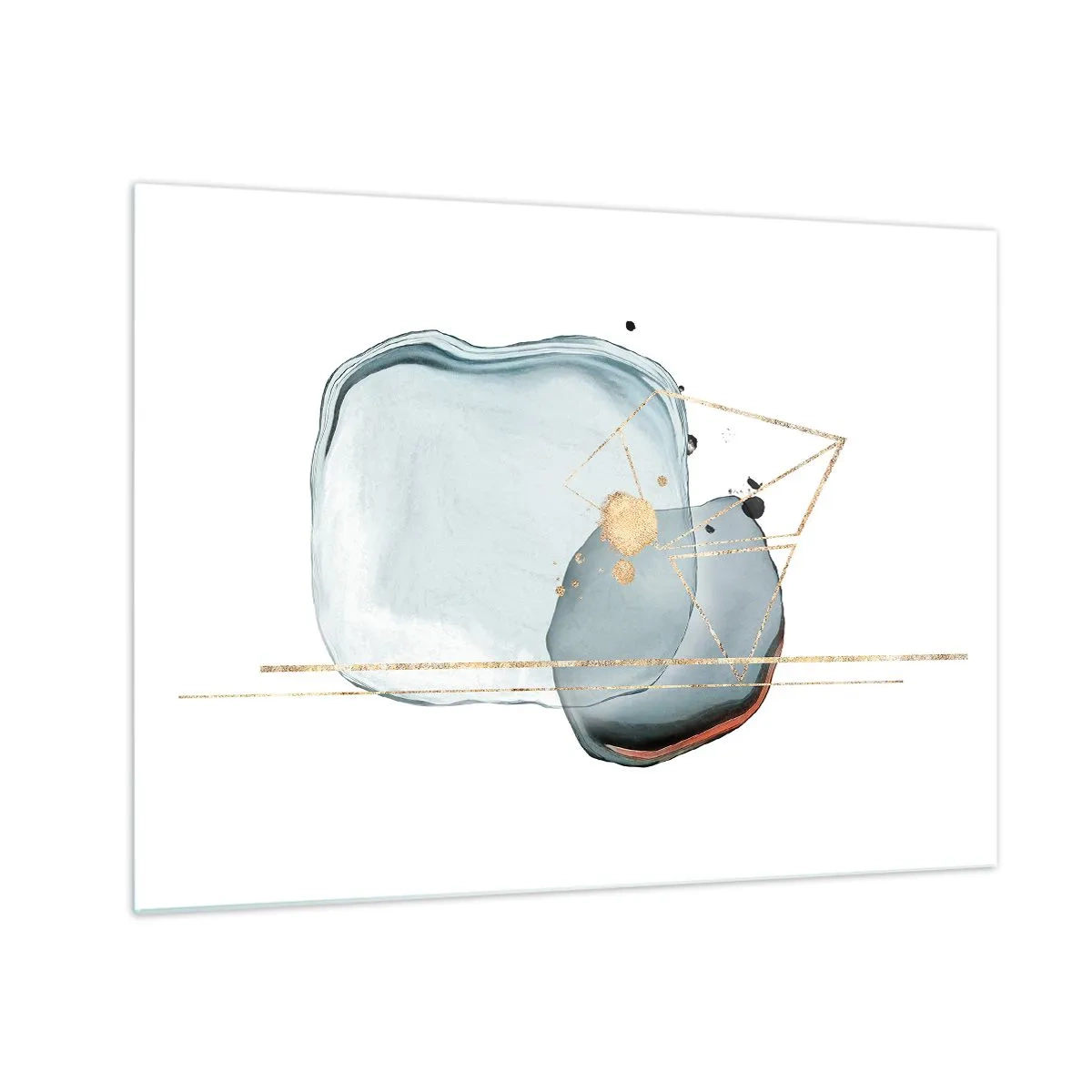 Cuadro sobre vidrio - Impresiones sobre Vidrio - Abstracción moderna con gotas y líneas geométricas doradas. - 70x50cm - Un estudio de gotas - Decoración de pared moderna para salón y dormitorio ARTTOR