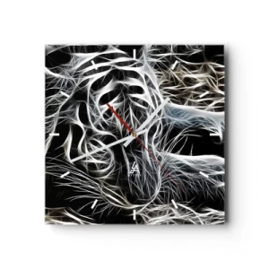 Reloj de pared - Reloj de vidrio - Un patrón abstracto que representa la silueta de un gato sobre un fondo negro. - 30x30cm - Un estudio sobre la ligereza felina - Decoración de pared moderna para salón y dormitorio ARTTOR