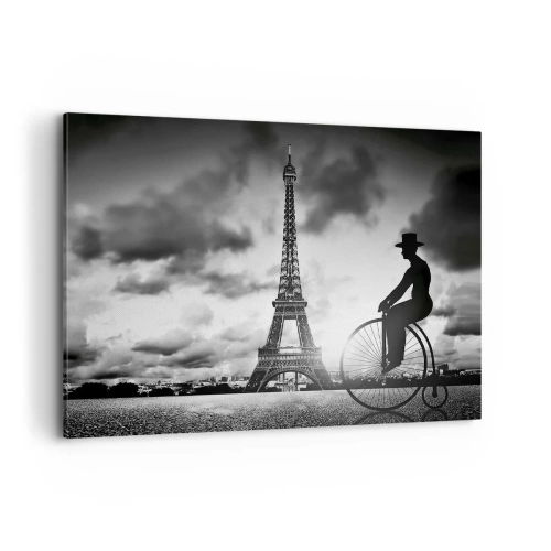 Cuadro sobre lienzo - Impresión de Imagen - Imagen en blanco y negro de una bicicleta retro con la Torre Eiffel al fondo. - 100x70cm - Añoranza de la Belle Epoque - Decoración de pared moderna para salón y dormitorio ARTTOR