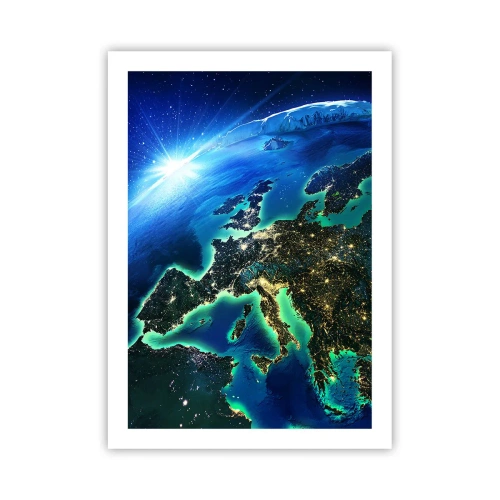 Póster - Una vista de Europa desde el espacio, iluminada por luces nocturnas. - 50x70cm - Una Europa resplandeciente - Decoración de pared moderna para salón y dormitorio ARTTOR