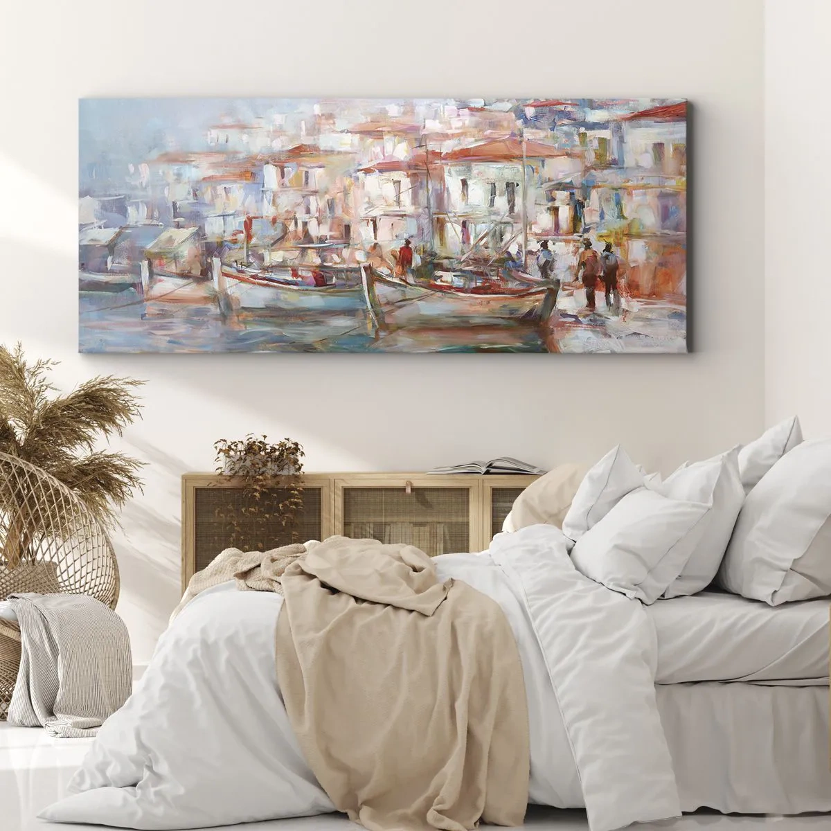 Cuadro sobre lienzo - Impresión de Imagen - Impresión portuaria con barcos y edificios - 120x50cm - Vacaciones en colores pastel - Decoración de pared moderna para salón y dormitorio ARTTOR