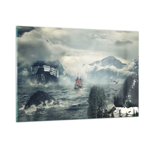 Cuadro sobre vidrio - Impresiones sobre Vidrio - Un barco en un mar tempestuoso con un castillo al fondo. - 120x80cm - En aguas mágicas - Decoración de pared moderna para salón y dormitorio ARTTOR