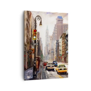 Cuadro sobre lienzo - Impresión de Imagen - Paisaje urbano con una calle y taxis amarillos - 50x70cm - Nueva York - también colorida bajo la lluvia - Decoración de pared moderna para salón y dormitorio ARTTOR