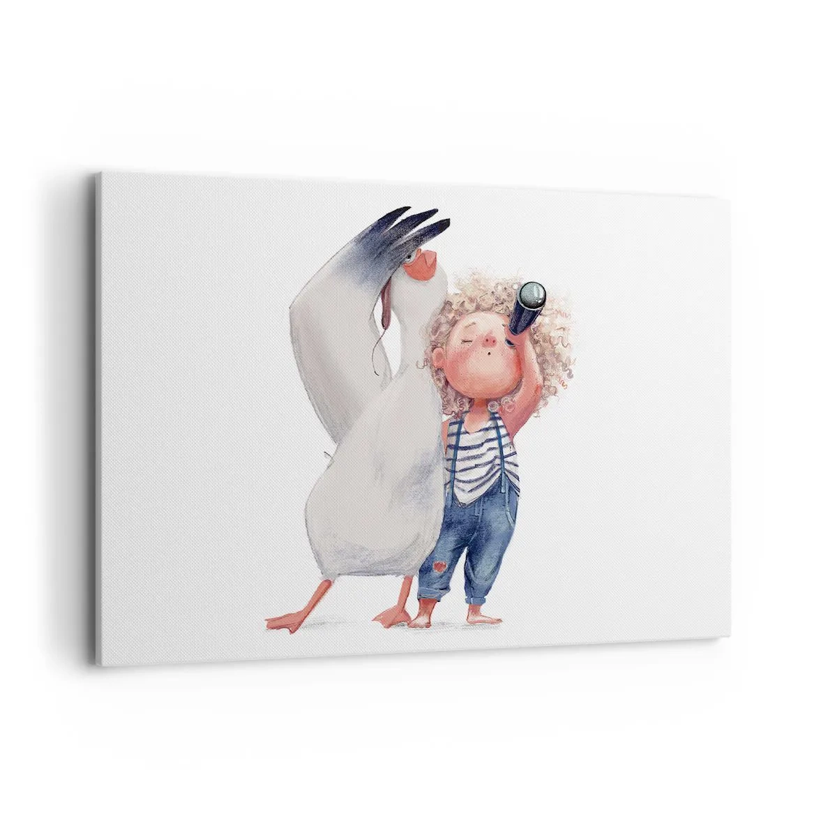 Cuadro sobre lienzo - Impresión de Imagen - Ilustración de un niño con un pelícano y un telescopio en la mano. - 100x70cm - Un plan para un gran viaje - Decoración de pared moderna para salón y dormitorio ARTTOR