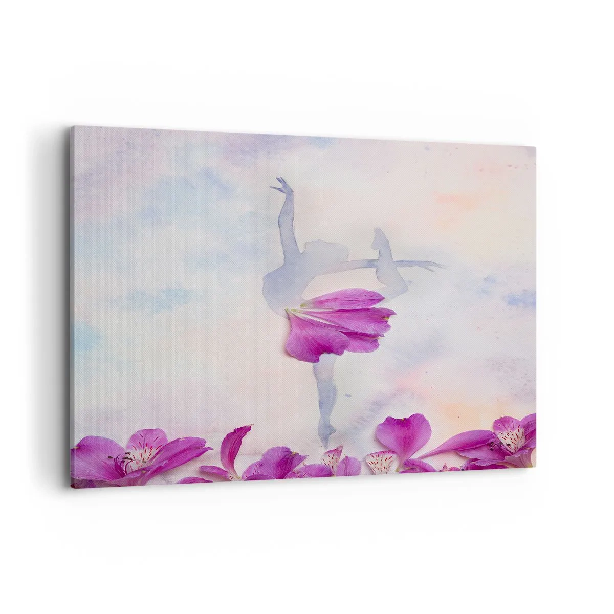 Cuadro sobre lienzo - Impresión de Imagen - Una bailarina con un vestido de pétalos de flores sobre un fondo pastel. - 120x80cm - Suave como una flor - Decoración de pared moderna para salón y dormitorio ARTTOR