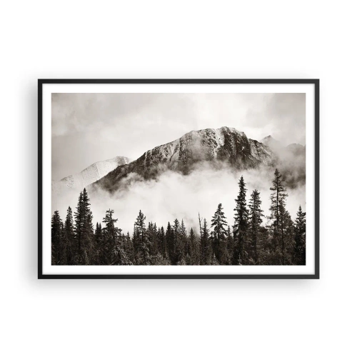 Póster en marco negro - Un pintoresco pico de montaña rodeado de niebla y un bosque en tonos sepia. - 100x70cm - Gobernante de granito - Decoración de pared moderna para salón y dormitorio ARTTOR