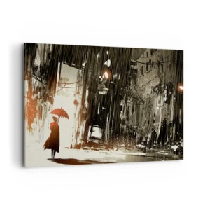 Cuadro sobre lienzo - Impresión de Imagen - Una figura roja con un paraguas en una escena lluviosa. - 100x70cm - Poesía de un paraguas rojo - Decoración de pared moderna para salón y dormitorio ARTTOR