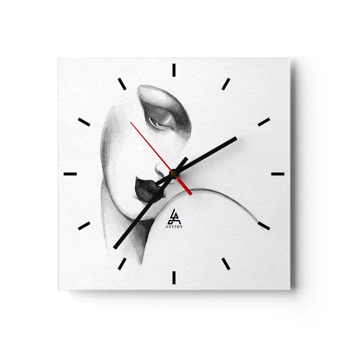 Reloj de pared - Reloj de vidrio - Un retrato sutil de una mujer en estilo monocromático. - 30x30cm - Pensativa - Decoración de pared moderna para salón y dormitorio ARTTOR