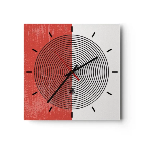Reloj de pared - Reloj de vidrio - Patrón geométrico con círculos concéntricos sobre un fondo rojo y blanco. - 30x30cm - En el corazón de la misma - Decoración de pared moderna para salón y dormitorio ARTTOR