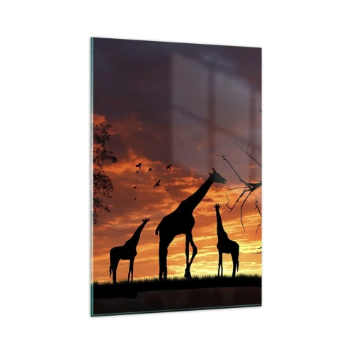 Cuadro sobre vidrio - Impresiones sobre Vidrio - Siluetas de jirafas con el atardecer africano como telón de fondo - 80x120cm - Una pequeña cena con tus seres queridos - Decoración de pared moderna para salón y dormitorio ARTTOR