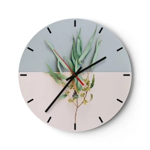 Reloj de pared - Reloj de vidrio - Una rama verde sobre un fondo de pasteles azules y beige. - 30x30cm - La sutileza del pastel - Decoración de pared moderna para salón, cocina y dormitorio ARTTOR