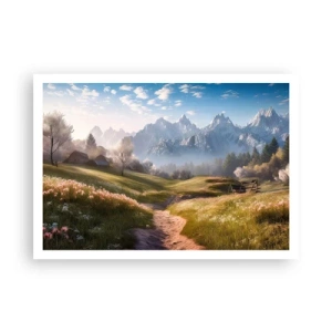 Póster - Un valle de montaña con prados, cabañas y vistas a los picos. - 100x70cm - Valle idílico - Decoración de pared moderna para salón y dormitorio ARTTOR