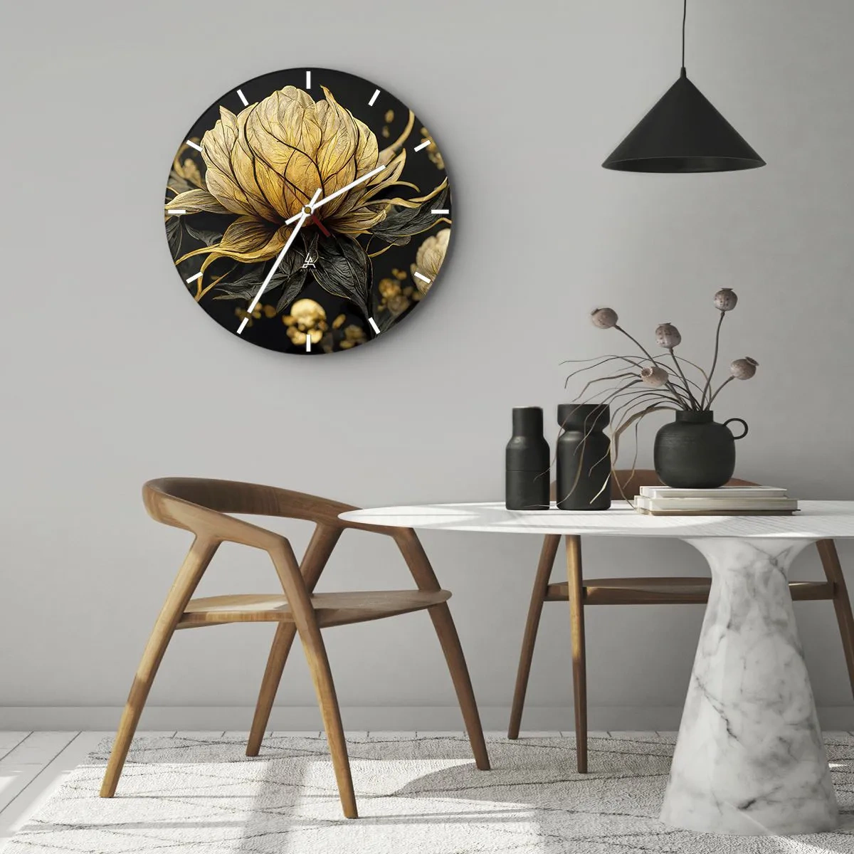 Reloj de pared - Reloj de vidrio - Flor dorada y negra sobre un fondo oscuro. - 30x30cm - Sutil fragilidad - Decoración de pared moderna para salón, cocina y dormitorio ARTTOR