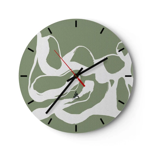 Reloj de pared - Reloj de vidrio - Formas blancas orgánicas sobre un fondo verde oliva - 30x30cm - La llamada del espacio - Decoración de pared moderna para salón, cocina y dormitorio ARTTOR