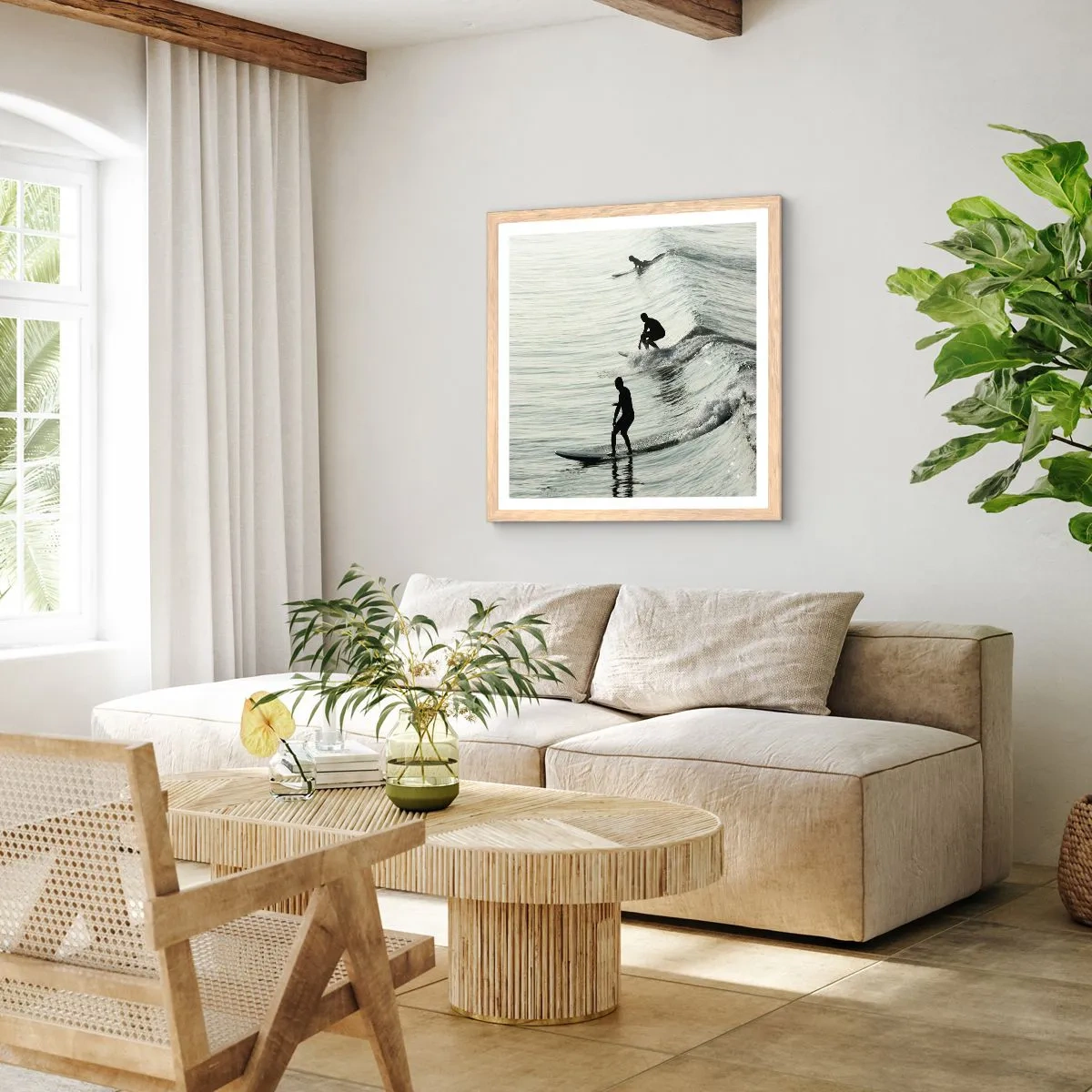 Póster en marco roble claro - Al encuentro de la ola - 60x60 cm