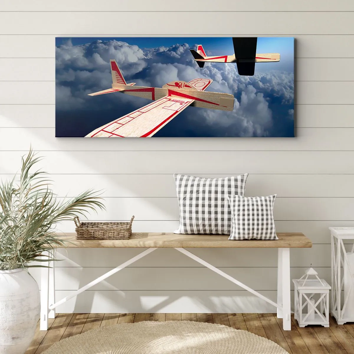 Cuadro sobre lienzo - Impresión de Imagen - Dos aviones de madera volando sobre las nubes contra un cielo azul. - 120x50cm - Más alto, más lejos - Decoración de pared moderna para salón y dormitorio ARTTOR