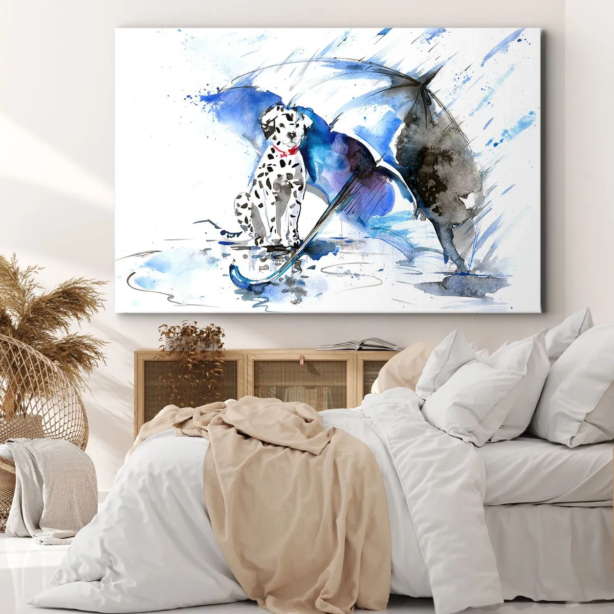 Cuadro sobre lienzo - Impresión de Imagen - Pintura de acuarela de un perro dálmata con un paraguas al fondo. - 70x50cm - Para eso está un amigo - Decoración de pared moderna para salón y dormitorio ARTTOR