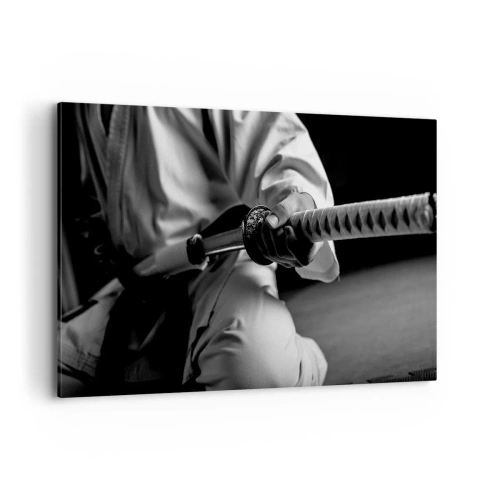 Cuadro sobre lienzo - Impresión de Imagen - Un samurái con kimono sosteniendo una katana en blanco y negro. - 120x80cm - Alma de guerrero - Decoración de pared moderna para salón y dormitorio ARTTOR