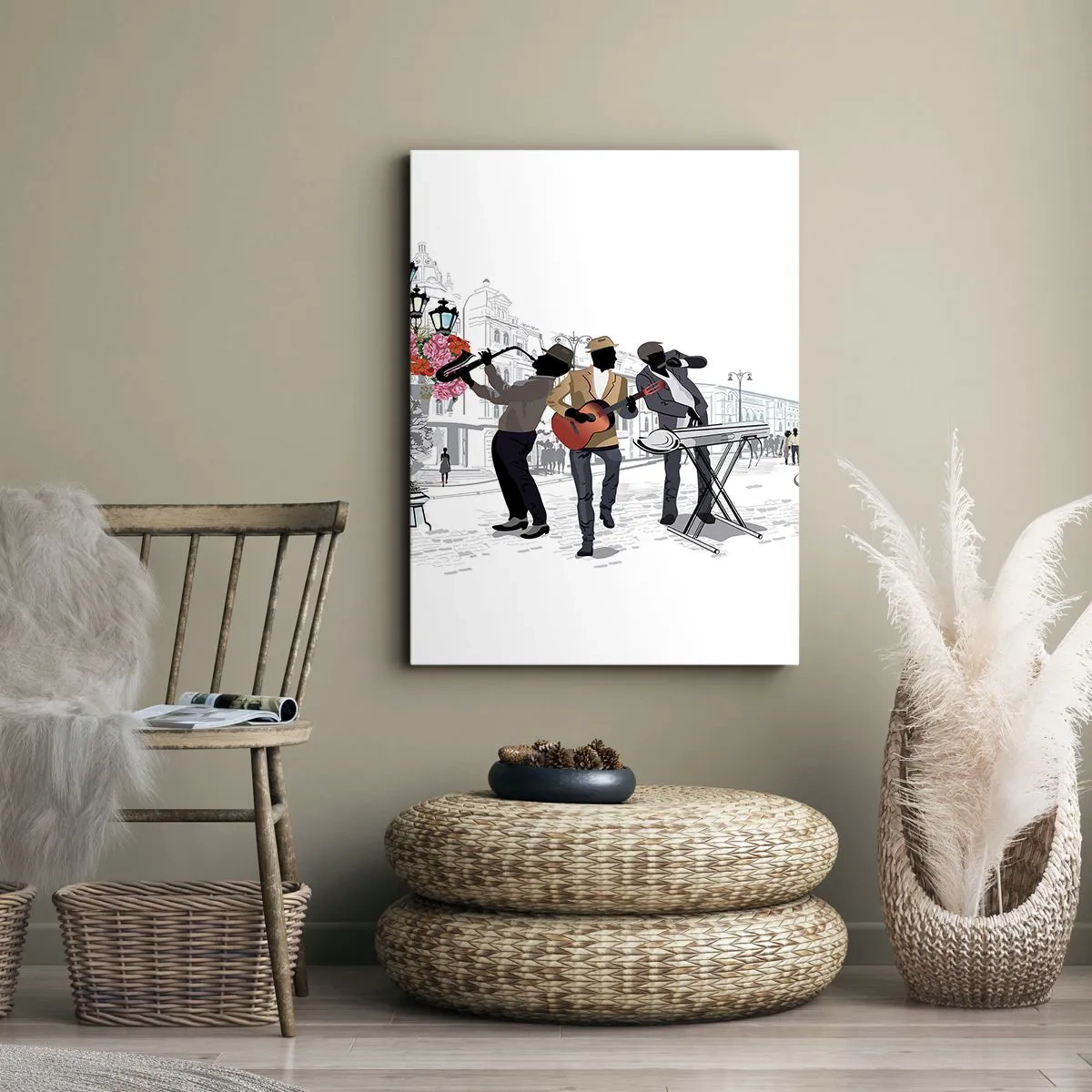 Cuadro sobre lienzo - Impresión de Imagen - Músicos callejeros tocando con el paisaje urbano como telón de fondo - 50x70cm - Música de la calle - Decoración de pared moderna para salón y dormitorio ARTTOR