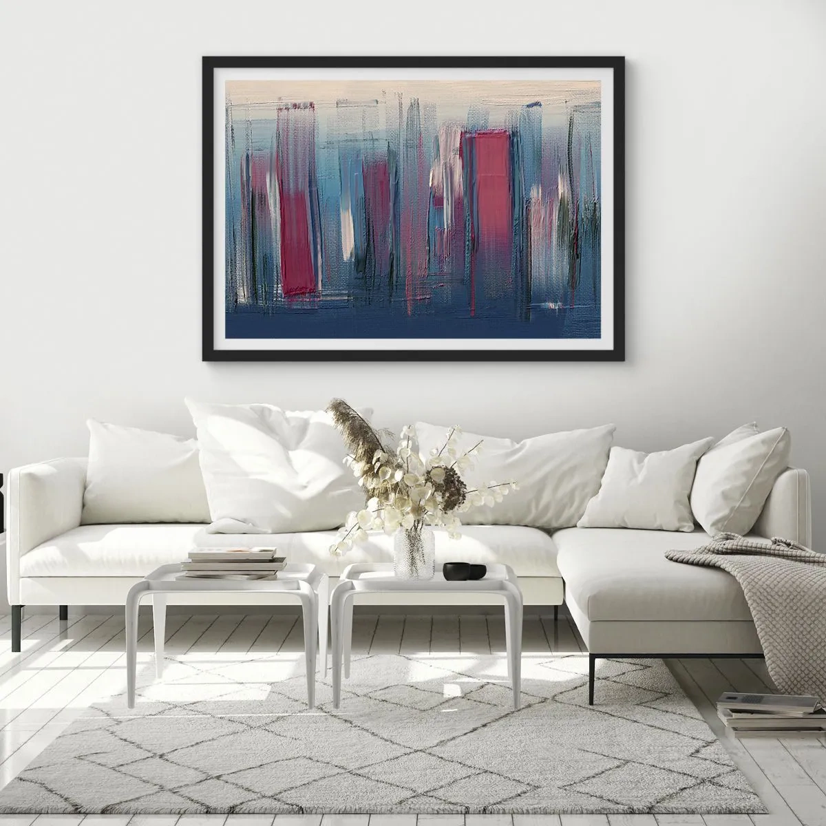 Póster en marco negro - Formas verticales abstractas en tonos azules y rojos. - 70x50cm - Composición vertical en azul y rojo - Decoración de pared moderna para salón y dormitorio ARTTOR