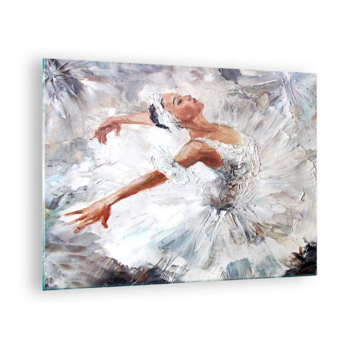 Cuadro sobre vidrio - Impresiones sobre Vidrio - Una bailarina con un traje blanco en una pose dinámica. - 70x50cm - Suave y ligera - Decoración de pared moderna para salón y dormitorio ARTTOR