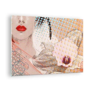Cuadro sobre vidrio - Impresiones sobre Vidrio - Ilustración de un retrato de una mujer con una flor al fondo en estilo pop art. - 70x50cm - Heroína de cómic - Decoración de pared moderna para salón y dormitorio ARTTOR