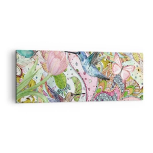 Cuadro sobre lienzo - Impresión de Imagen - Colibríes y mariposas coloridos entre las plantas. - 140x50cm - Enredado en las vides - Decoración de pared moderna para salón y dormitorio ARTTOR