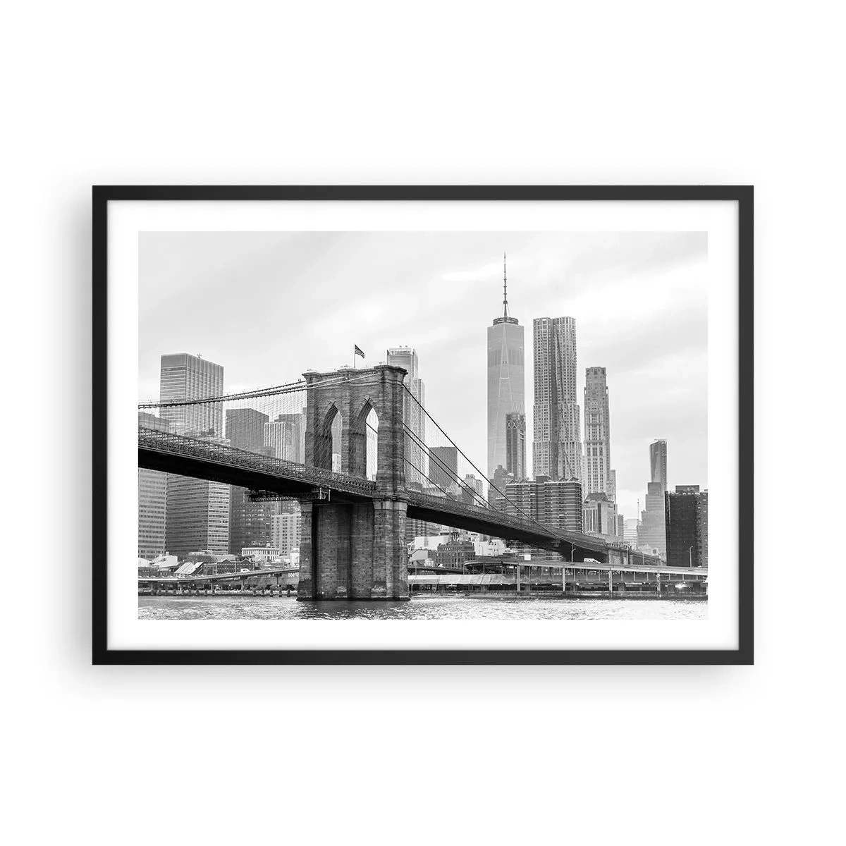 Póster en marco negro - Puente de Brooklyn con rascacielos de Nueva York al fondo - 70x50cm - Vibraciones de Nueva York - Decoración de pared moderna para salón y dormitorio ARTTOR