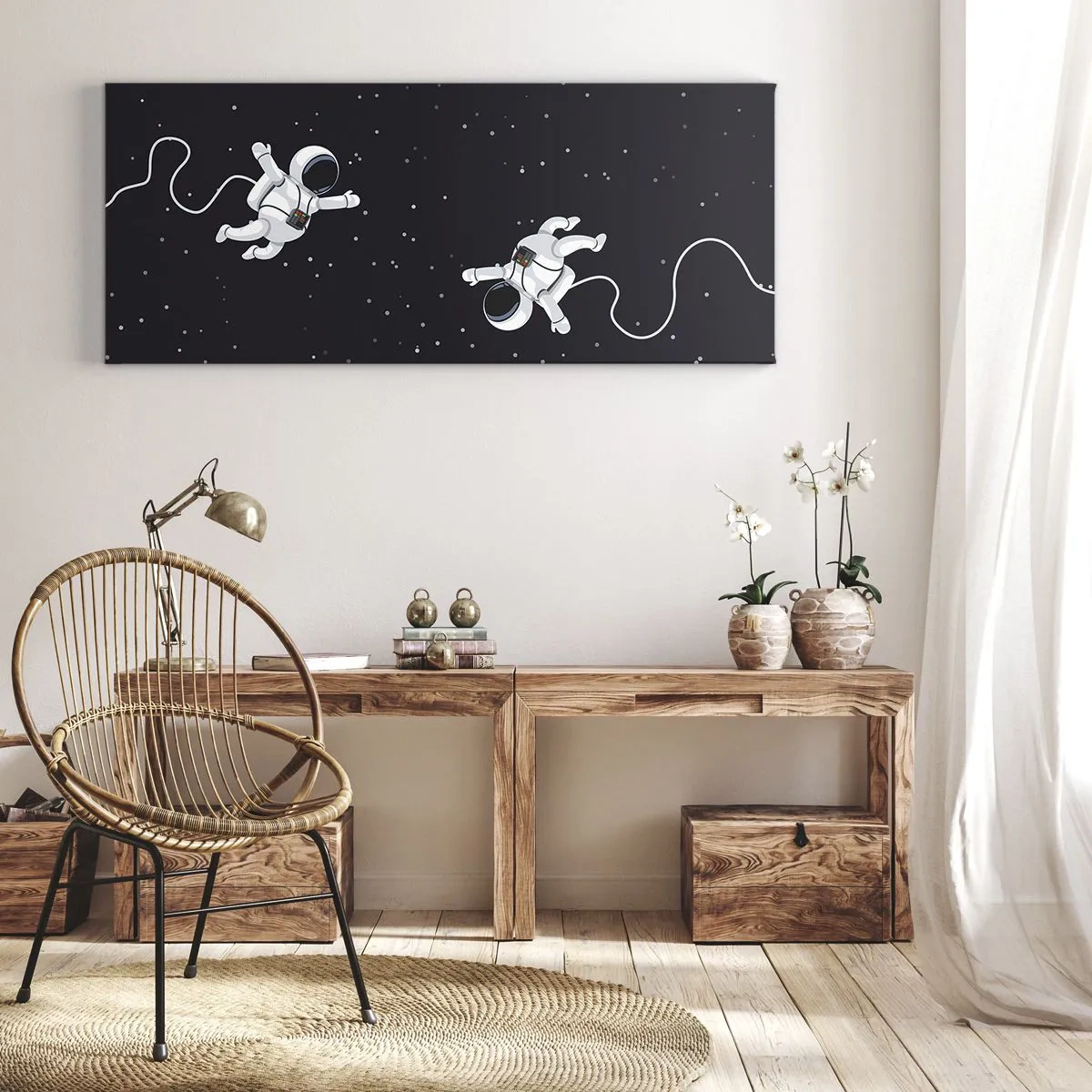 Cuadro sobre lienzo - Impresión de Imagen - Astronautas flotando en el espacio con un telón de fondo de estrellas. - 160x50cm - Danza cósmica - Decoración de pared moderna para salón y dormitorio ARTTOR