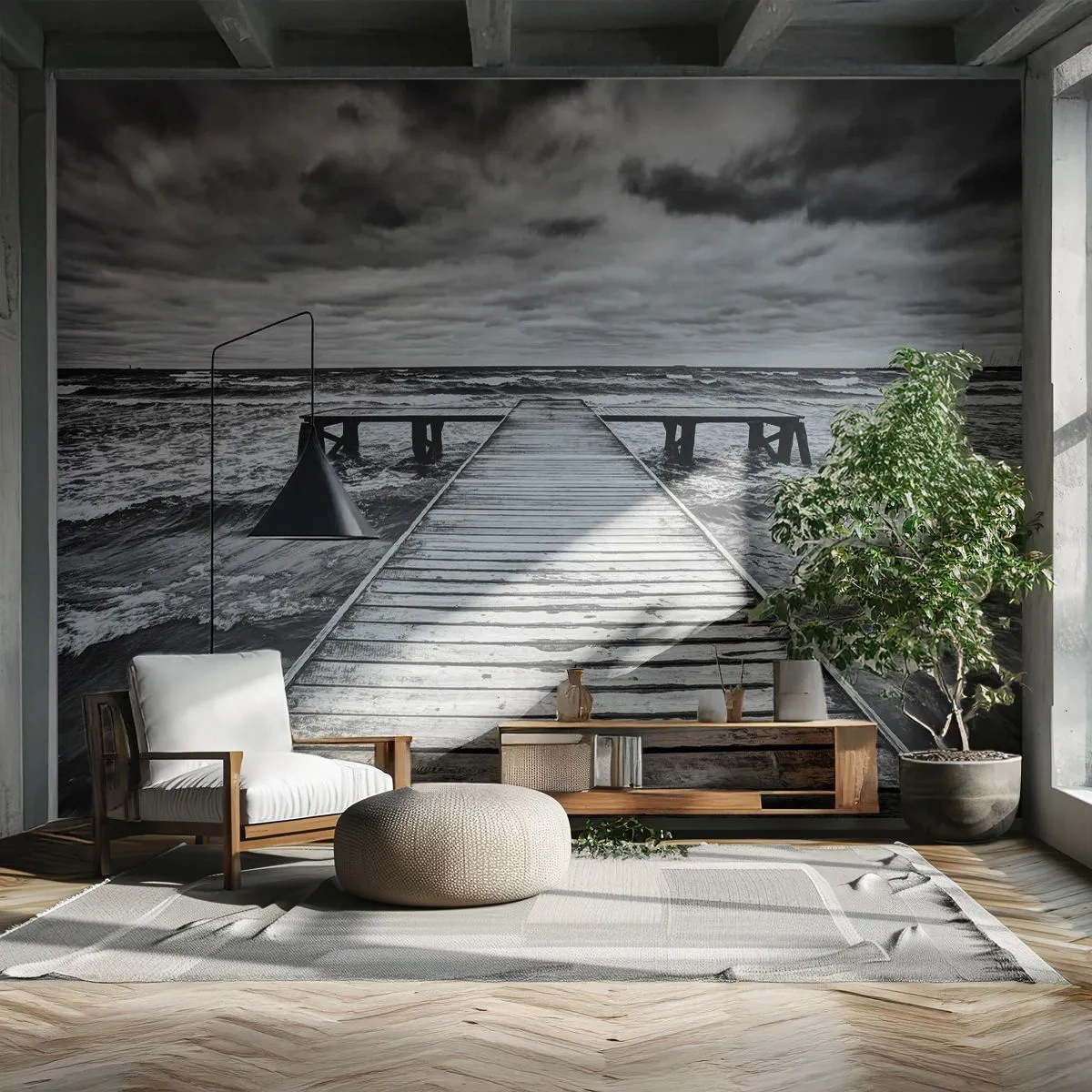 Fotomural Autadhesivo Deluxe Sticker - Estoy esperando que sople el viento... - Paisaje, Puente de madera, Mar - 350x256 cm