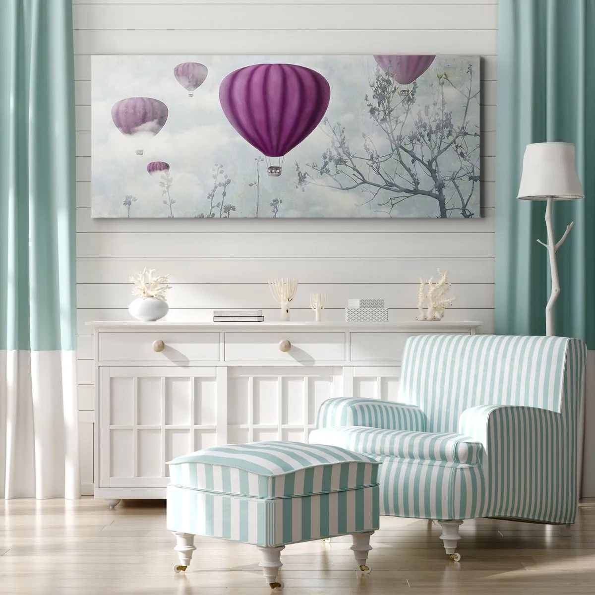 Cuadro sobre lienzo - Impresión de Imagen - Globos morados flotando sobre los árboles en las nubes. - 140x50cm - Surcando los cielos - Decoración de pared moderna para salón y dormitorio ARTTOR