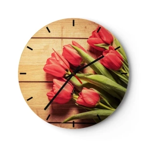 Reloj de pared - Reloj de vidrio - Tulipanes rojos sobre un fondo de madera - 30x30cm - Una confesión primaveral - Decoración de pared moderna para salón, cocina y dormitorio ARTTOR