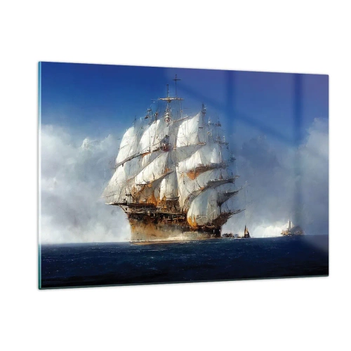 Cuadro sobre vidrio - Impresiones sobre Vidrio - Un velero en alta mar en medio de la niebla marina. - 120x80cm - La gran gloria - Decoración de pared moderna para salón y dormitorio ARTTOR