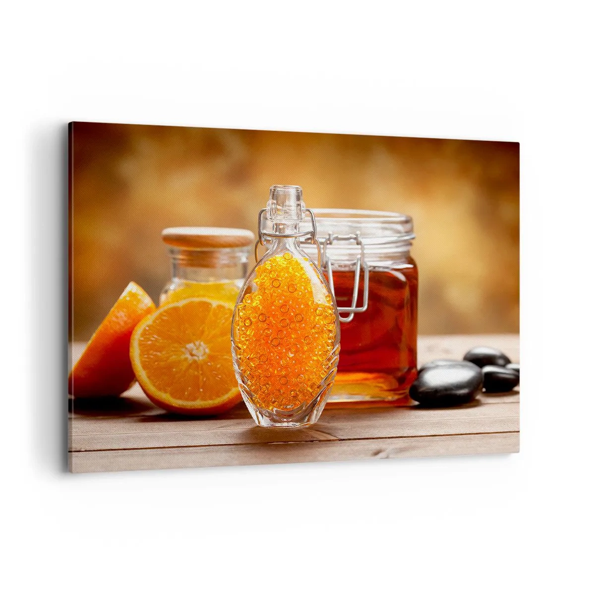 Cuadro sobre lienzo - Impresión de Imagen - Una botella de líquido ámbar y naranjas frescas. - 100x70cm - Sabores y aromas soleados - Decoración de pared moderna para salón y dormitorio ARTTOR