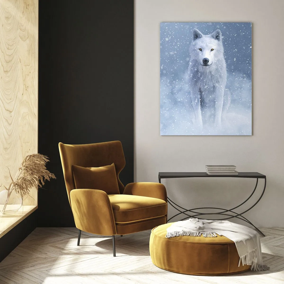 Cuadro sobre vidrio - Impresiones sobre Vidrio - Un lobo blanco en una tormenta de nieve mirando hacia adelante. - 50x70cm - El espíritu del invierno - Decoración de pared moderna para salón y dormitorio ARTTOR