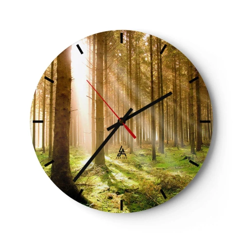 Reloj de pared - Reloj de vidrio - Bosque soleado con rayos de luz. - 30x30cm - Los elfos se aproximan - Decoración de pared moderna para salón, cocina y dormitorio ARTTOR