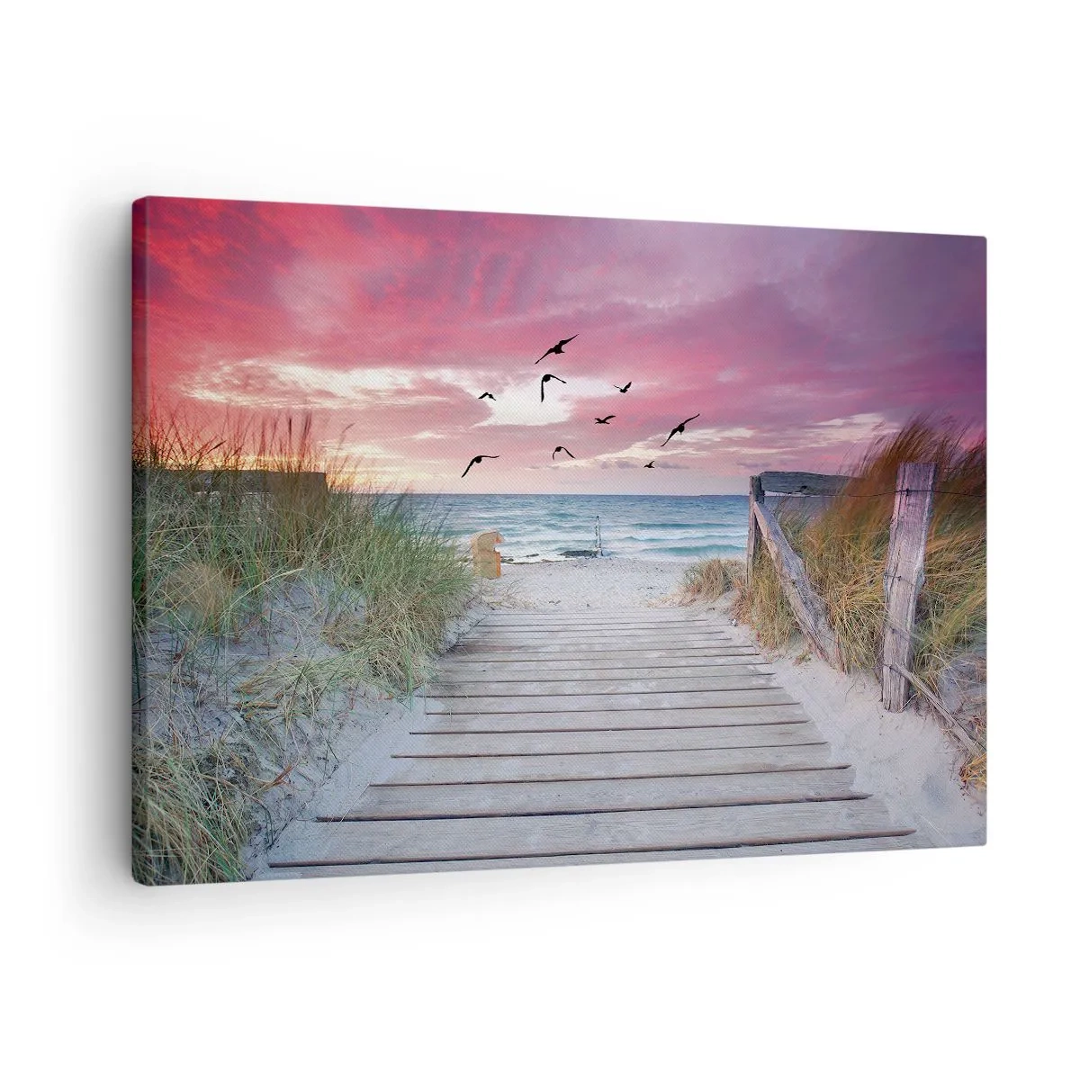 Cuadro sobre lienzo - Impresión de Imagen - Camino de madera en la playa al atardecer rosa - 70x50cm - Impresión del Báltico - Decoración de pared moderna para salón y dormitorio ARTTOR