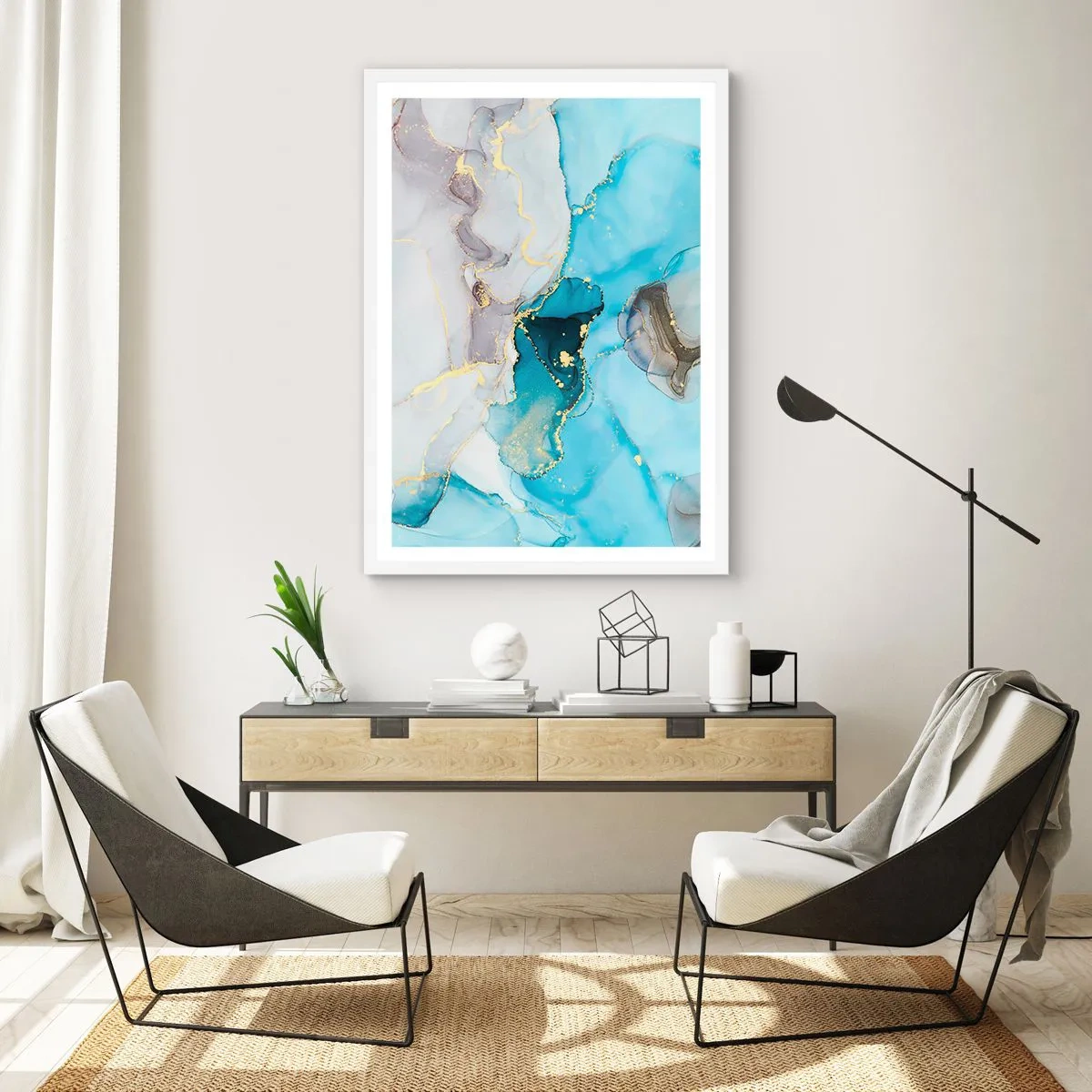 Póster en marco blanco - Un estudio del encuentro entre el gris y el turquesa - 40x50 cm