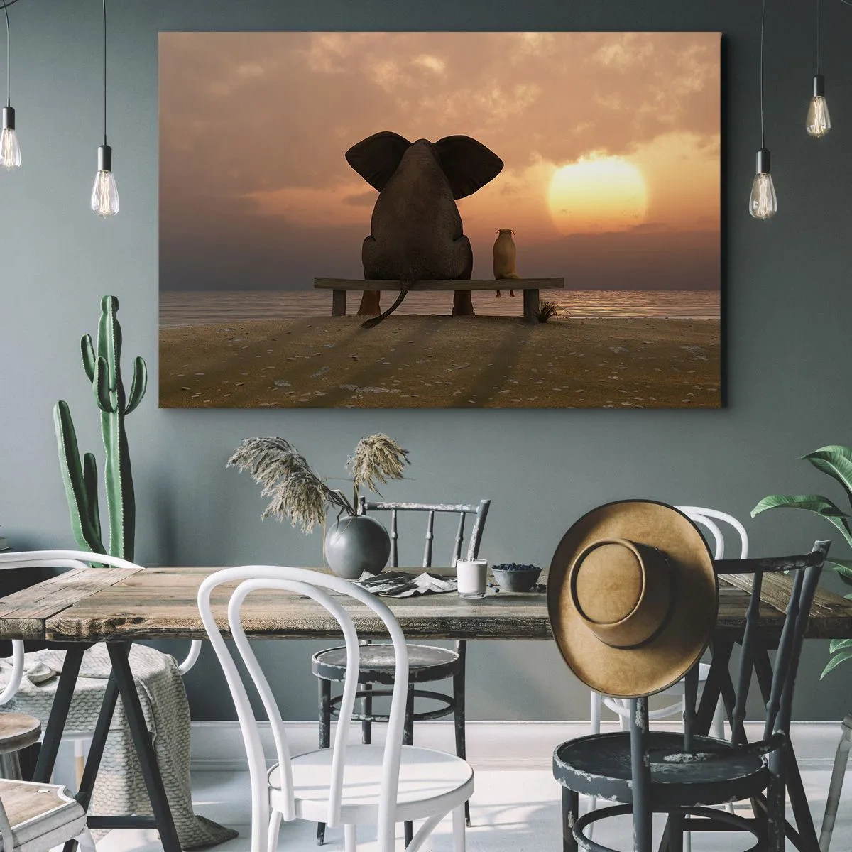 Cuadro sobre lienzo - Impresión de Imagen - Un elefante y un perro están sentados en un banco en la playa durante el atardecer. - 70x50cm - Es bueno estar en silencio juntos - Decoración de pared moderna para salón y dormitorio ARTTOR