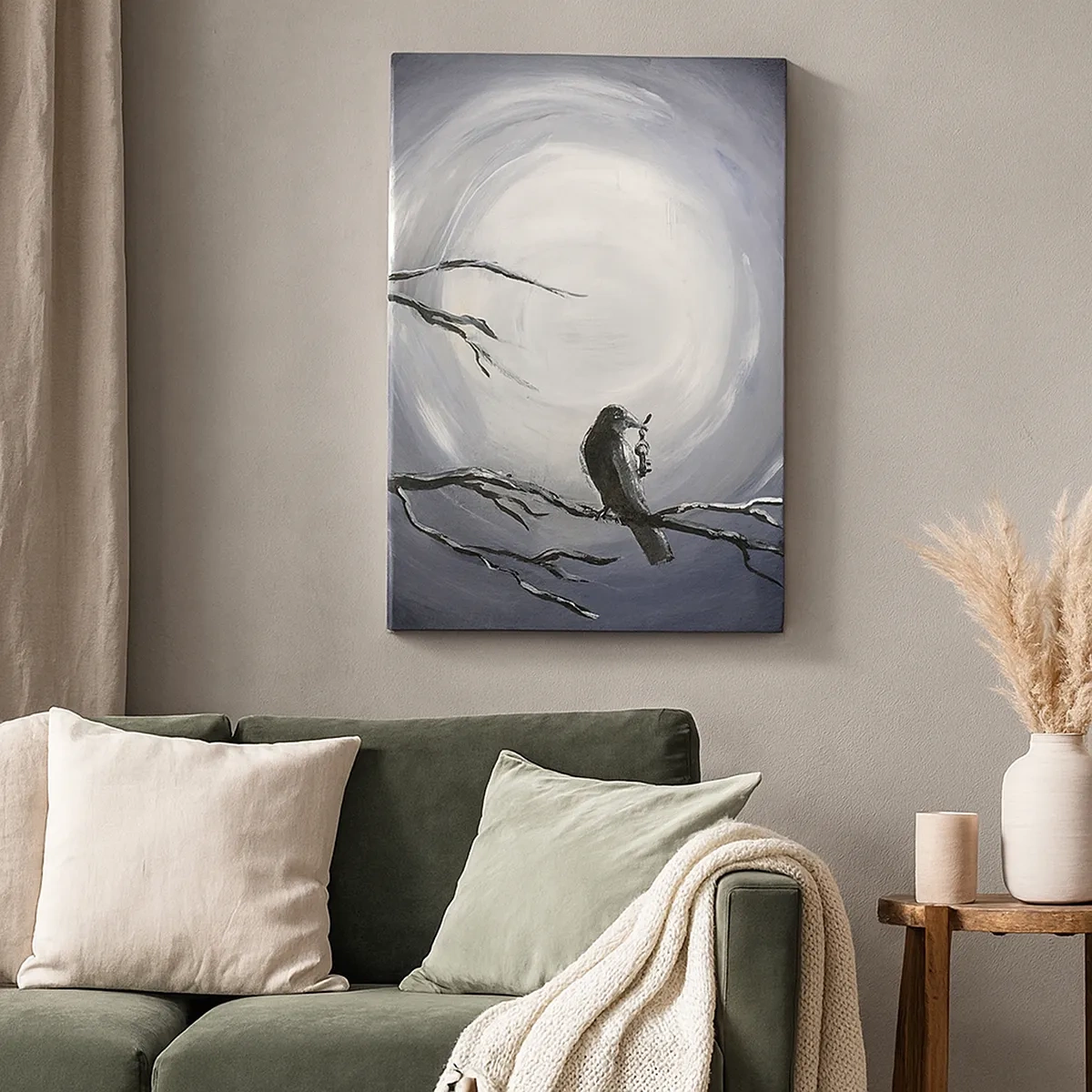 Cuadro sobre lienzo - Impresión de Imagen - Pájaro negro en una rama a la luz de la luna - 50x70cm - La clave del misterio de la noche - Decoración de pared moderna para salón y dormitorio ARTTOR
