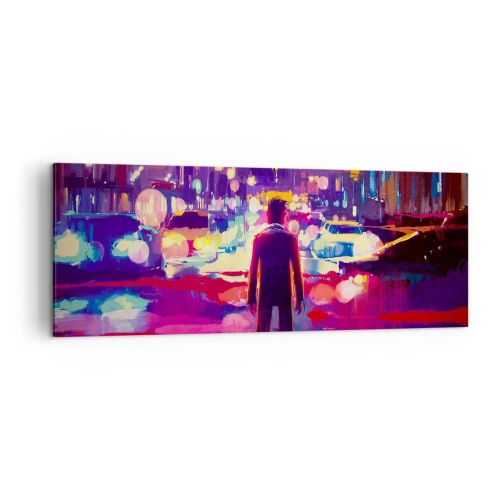 Cuadro sobre lienzo - Impresión de Imagen - Un hombre en una escena nocturna de la ciudad de neón. - 140x50cm - Inmerso en la luz - Decoración de pared moderna para salón y dormitorio ARTTOR