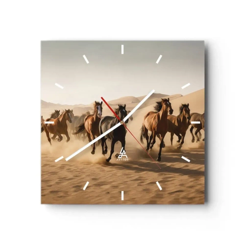 Reloj de pared - Reloj de vidrio - Caballos al galope contra un fondo desértico - 30x30cm - Libre como el viento - Decoración de pared moderna para salón y dormitorio ARTTOR