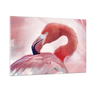 Cuadro sobre vidrio - Impresiones sobre Vidrio - Un flamenco rosado gira con gracia hacia un lado. - 120x80cm - La belleza de las aves - Decoración de pared moderna para salón y dormitorio ARTTOR