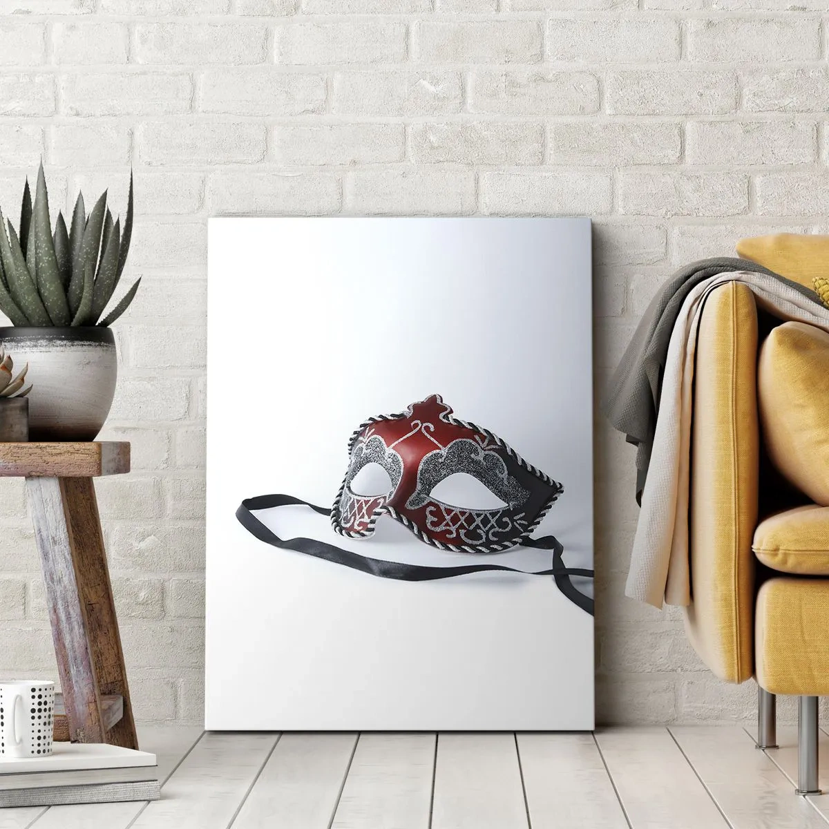 Cuadro sobre lienzo - Impresión de Imagen - Máscara de carnaval roja sobre un fondo claro - 80x120cm - Invitación al baile - Decoración de pared moderna para salón y dormitorio ARTTOR