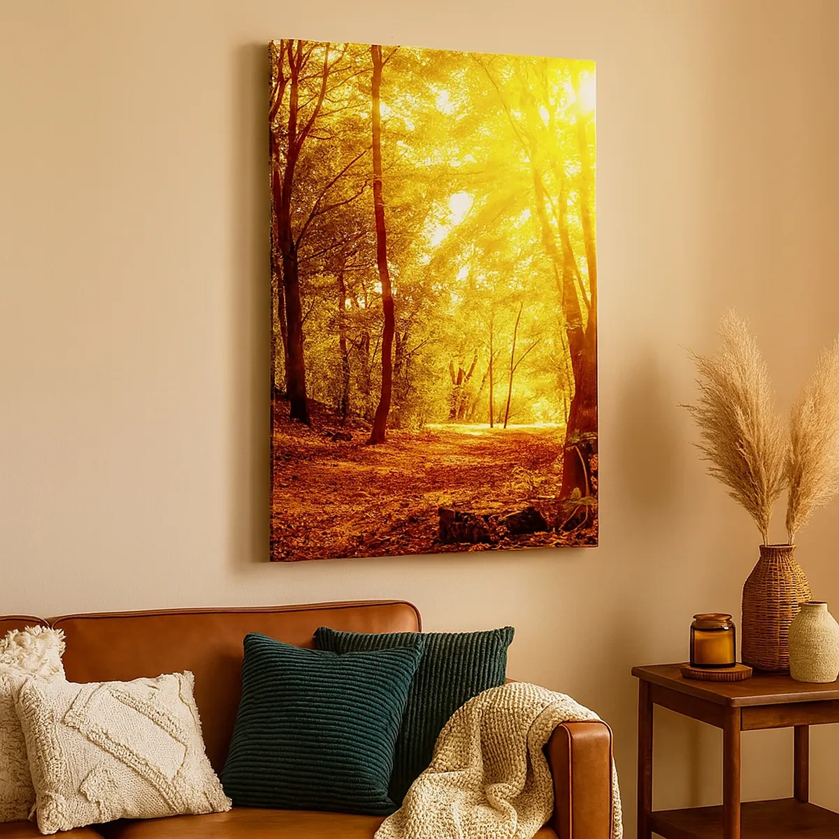 Cuadro sobre lienzo - Impresión de Imagen - Claro de otoño bajo la luz dorada del sol con un sendero forestal - 50x70cm - Hacia un claro de oro - Decoración de pared moderna para salón y dormitorio ARTTOR